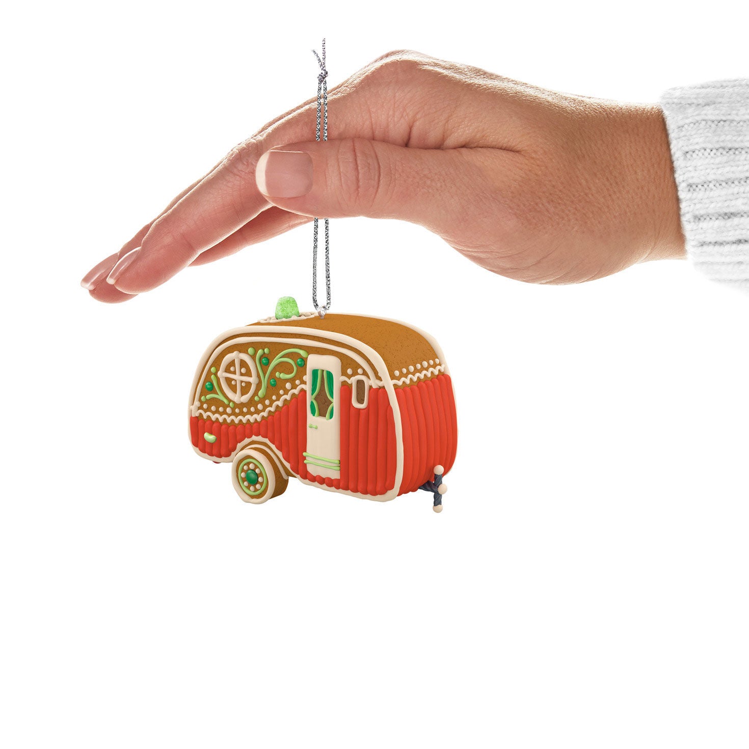 Happy Haul-idays — Hallmark Keepsake Christmas Ornament, gingerbread teardrop trailer, held by hand, showing festive design details.