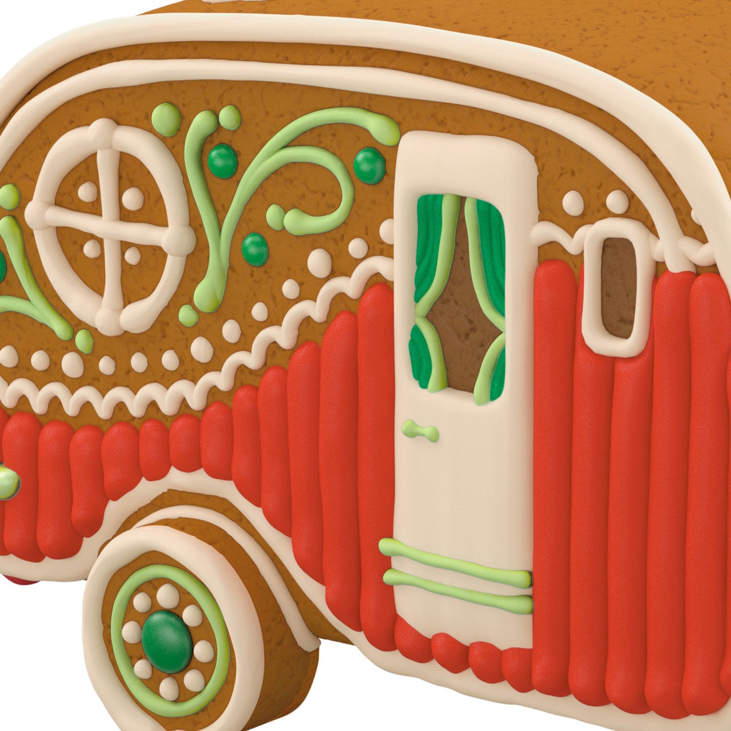 Happy Haul-idays — Hallmark Keepsake Christmas Ornament, gingerbread trailer design with colourful icing details, close-up view.