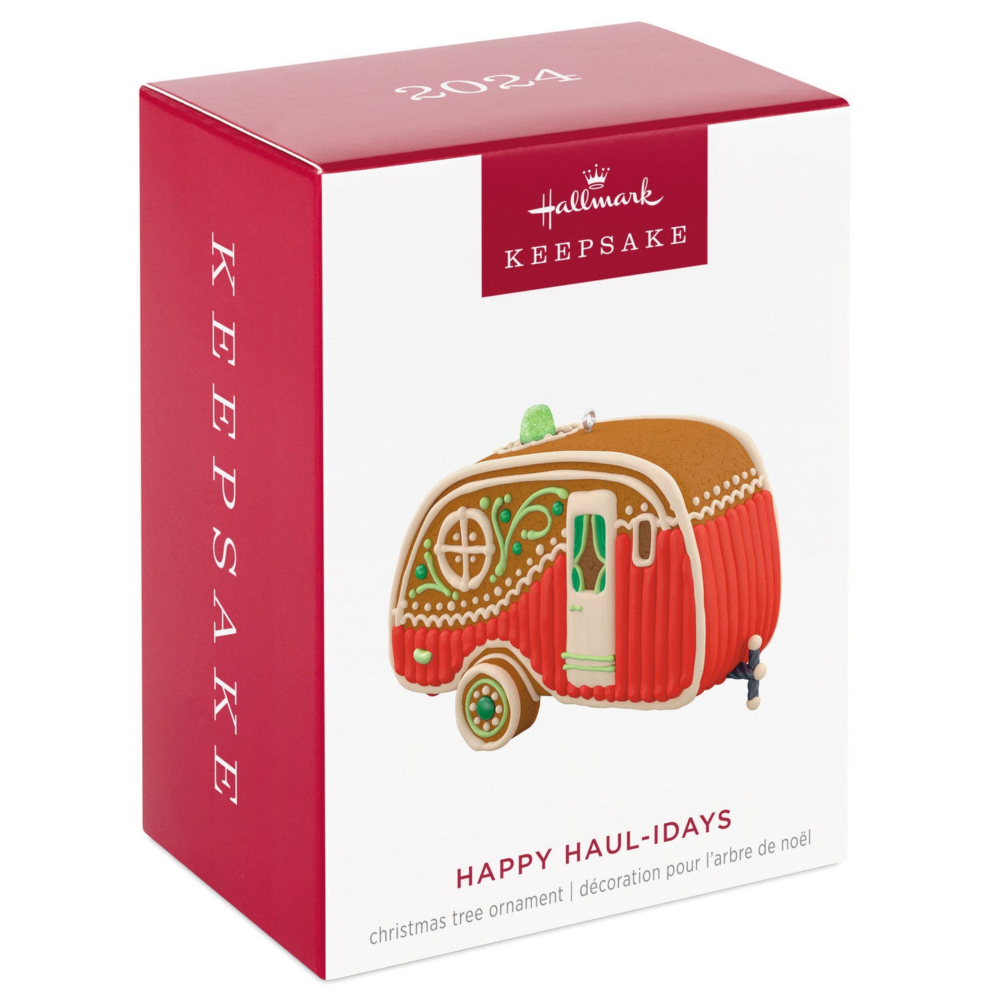 Happy Haul-idays — Hallmark Keepsake Christmas Ornament in festive packaging, featuring a gingerbread trailer design.