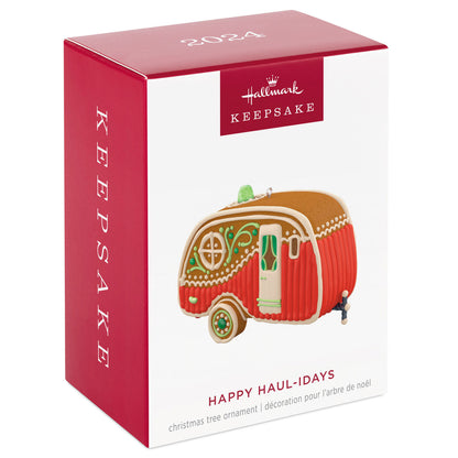 Happy Haul-idays — Hallmark Keepsake Christmas Ornament in festive packaging, featuring a gingerbread trailer design.