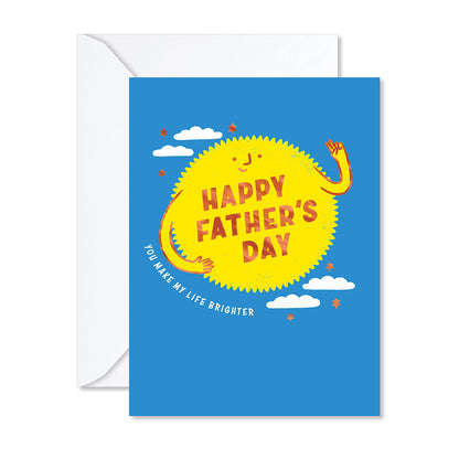 Father's Day card with a sun illustration and 'Happy Father's Day' text on a blue background.
