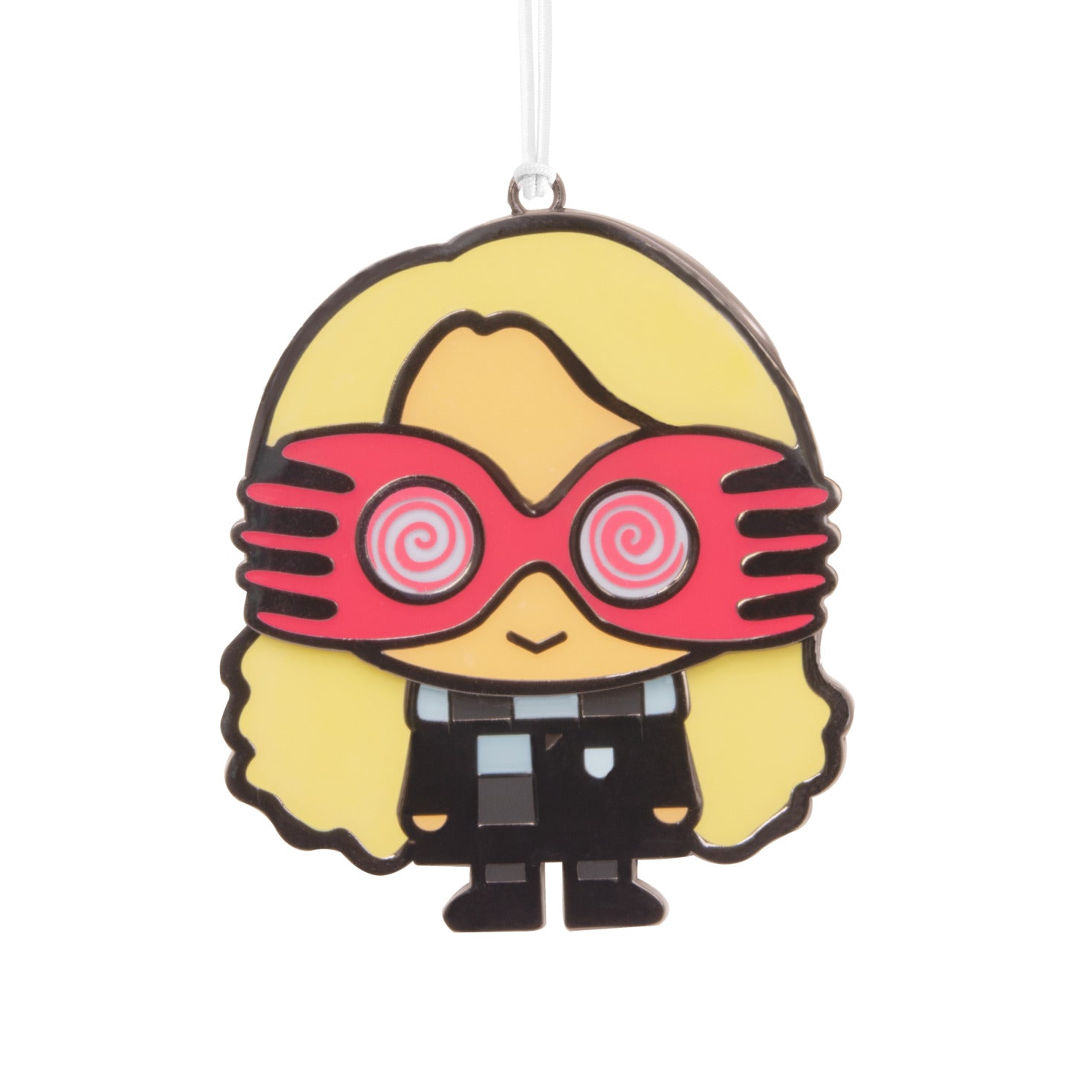 A two-piece metal Christmas tree ornament featuring the character Luna Lovegood from Harry Potter, with a moving part that creates a wiggling effect when hung.