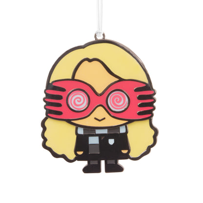 A two-piece metal Christmas tree ornament featuring the character Luna Lovegood from Harry Potter, with a moving part that creates a wiggling effect when hung.
