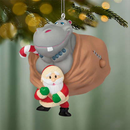 I Want a Hippopotamus for Christmas Musical — 2026 Hallmark Keepsake Christmas Ornament showing Santa with a hippo in a sack, close-up view with festive details.