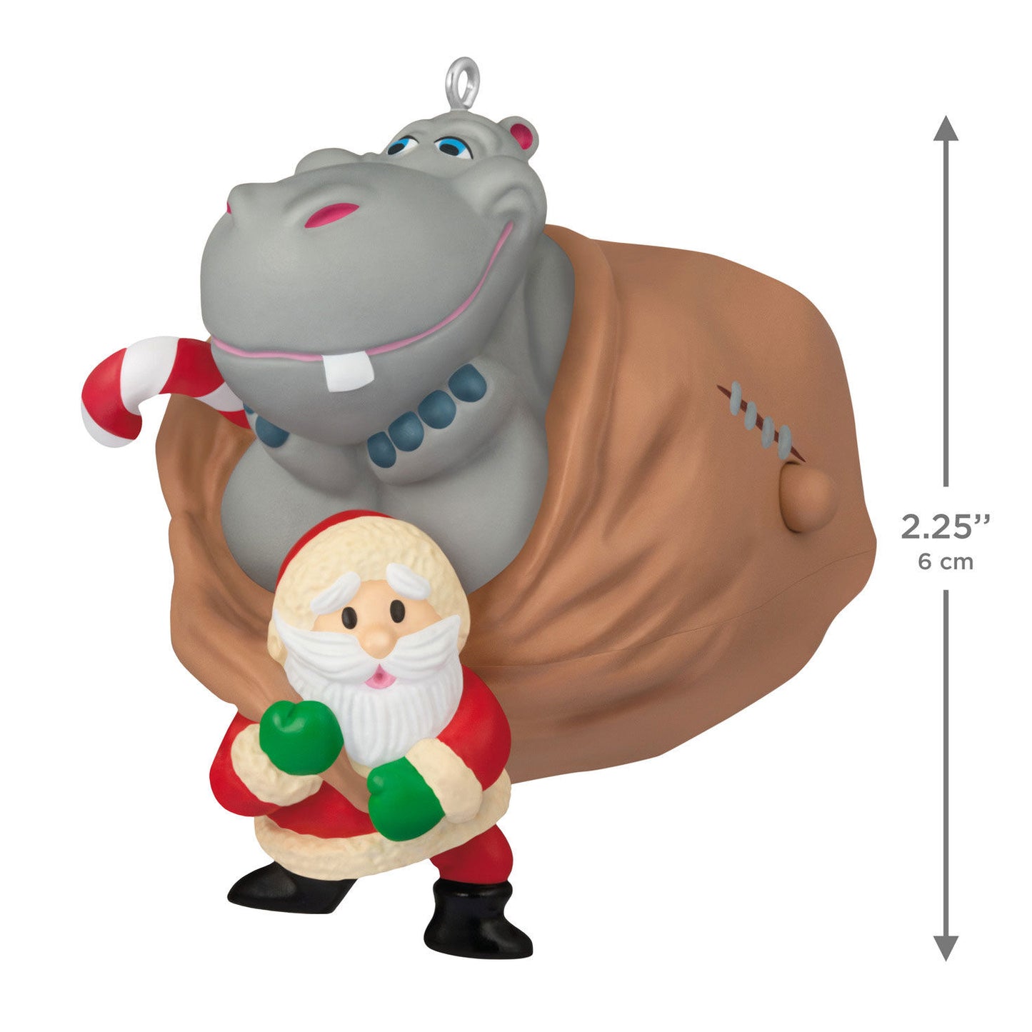 I Want a Hippopotamus for Christmas Musical — 2026 Hallmark Keepsake Christmas Ornament featuring Santa with hippo in sack, close-up view, 6 cm height.