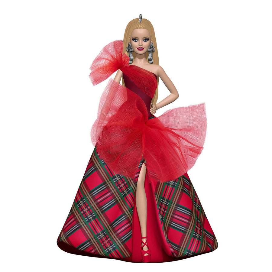 Holiday Barbie™ — Hallmark Keepsake Christmas Ornament featuring an elegant doll in a red and plaid gown with tulle accents.