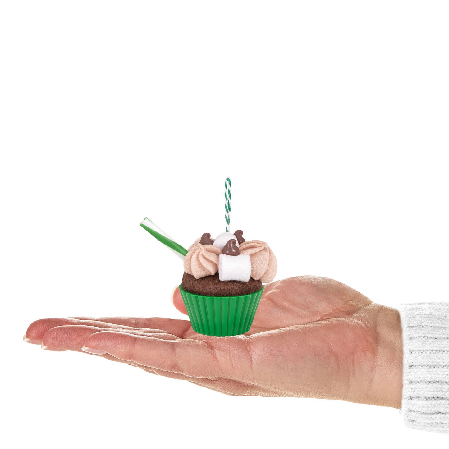 Christmas Cupcakes Cup of Cocoa — Hallmark Keepsake Christmas Ornament in hand, featuring a faux chocolate cupcake with cocoa toppings and straw.
