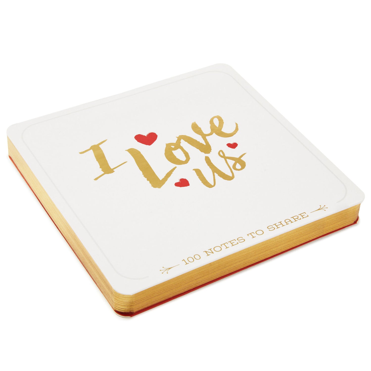 I Love Us: 100 Notes to Share Book with gold and red heart design, flat lay view showcasing cover details.