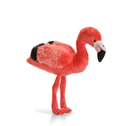 WWF Flamingo - 23 cm - 9" plush toy, vibrant pink colour with black accents, side view showcasing detailed features.