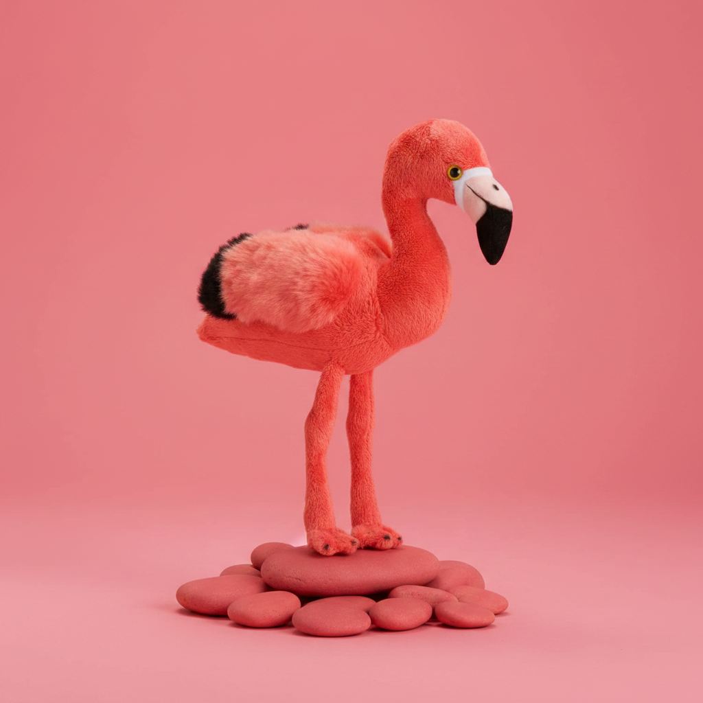 Plush flamingo toy on a pink background