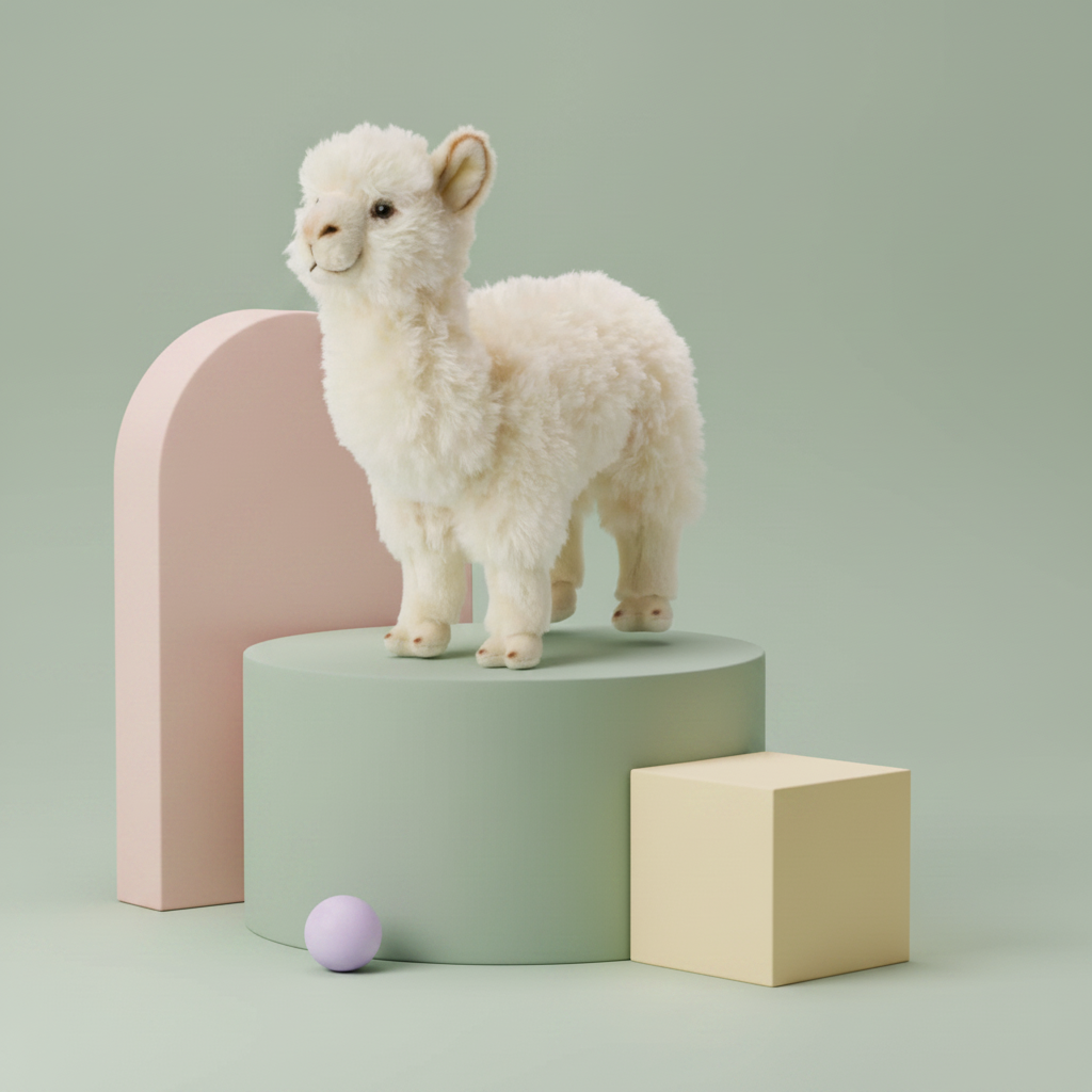 WWF Alpaca White - 31 cm - 12" plush toy standing on a pastel green podium with geometric shapes in soft hues.