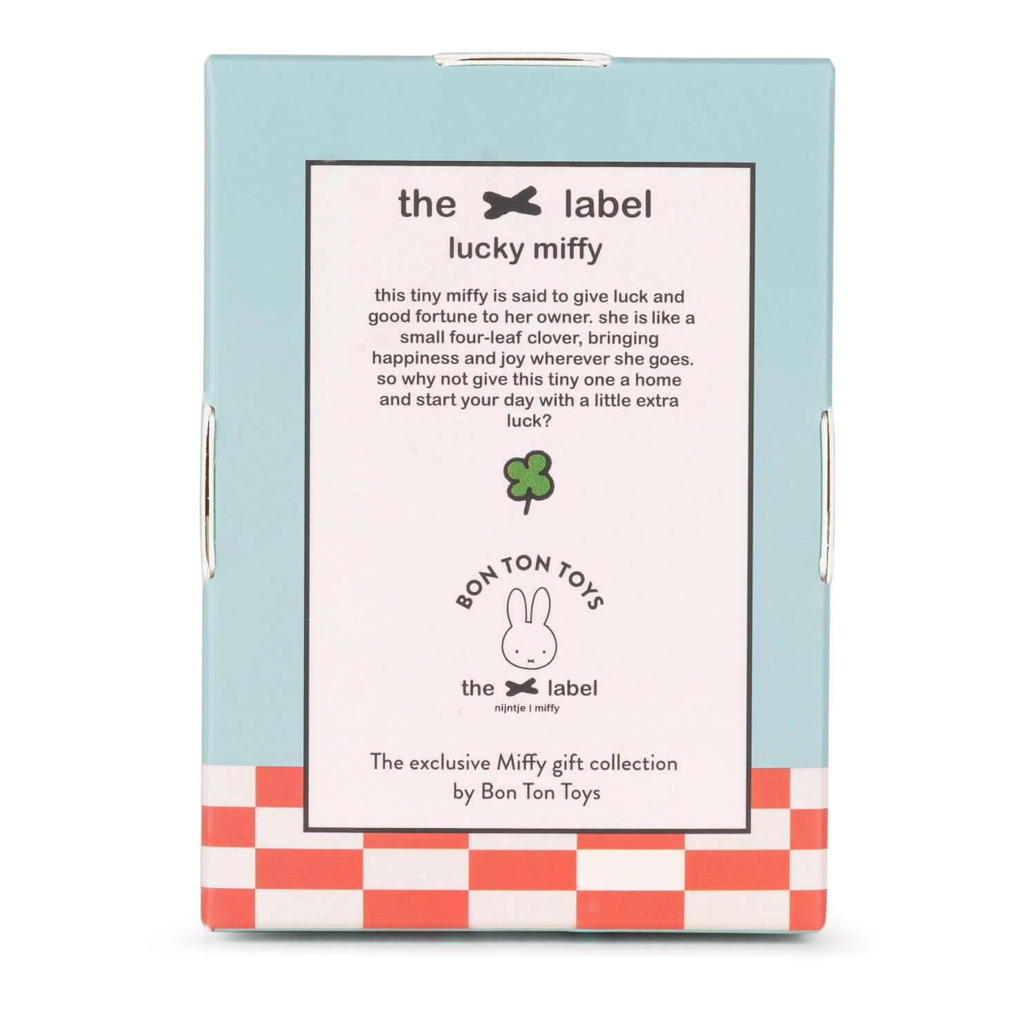 Lucky Miffy Sitting Pink in giftbox - 10 cm - 4" in a light blue box with red checkered bottom and branding details on the back.