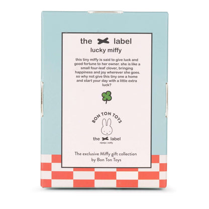 Lucky Miffy Sitting Pink in giftbox - 10 cm - 4" in a light blue box with red checkered bottom and branding details on the back.