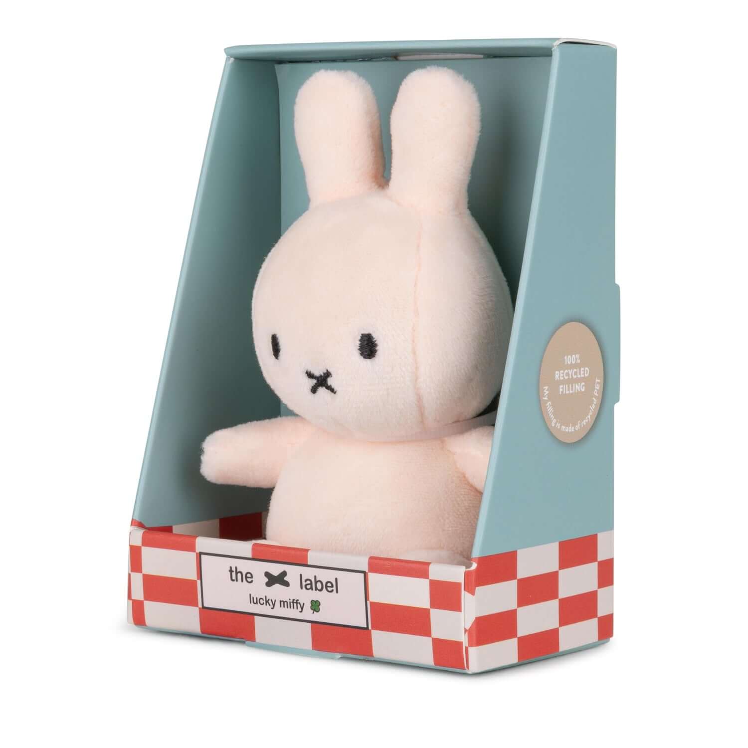 Lucky Miffy Sitting Pink in giftbox - 10 cm - 4" in a blue box with red checkered base, showcasing the handcrafted plush details.
