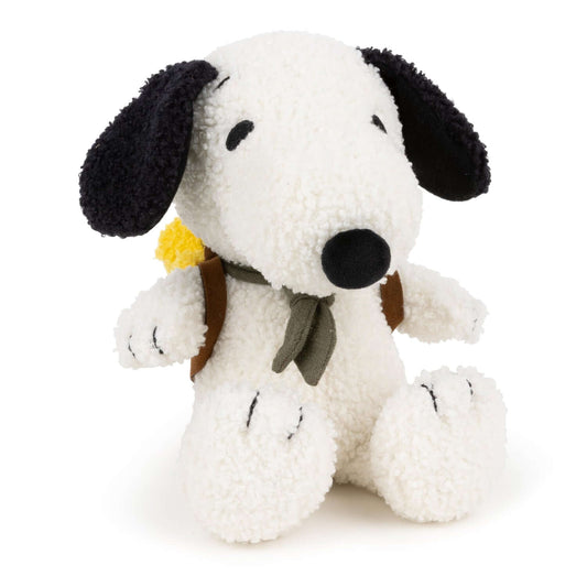 Peanuts® Snoopy with Woodstock in backpack - 20 cm - 8". Soft plush toy with detailed stitching and a friendly expression.