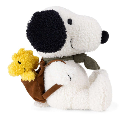 Peanuts® Snoopy with Woodstock in Backpack - 20 cm - 8" plush toy in a seated position, showing detailed stitching and soft textures.