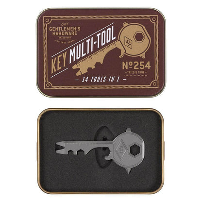 Key Multi Tool in matte grey finish displayed in a vintage-style tin showing 14 tools in 1.