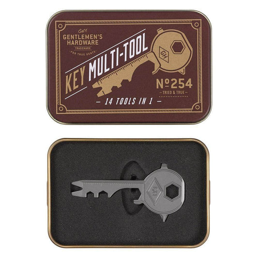 Key Multi Tool in matte grey finish displayed in a vintage-style tin showing 14 tools in 1.