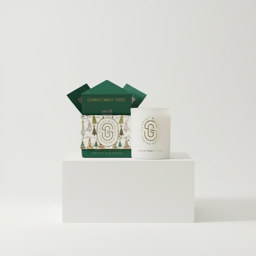 A white glass jar candle with a gold monogram logo sits next to its green and white illustrated gift box on a white pedestal against a light gray background.