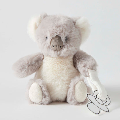 Kara Koala Dummy Clip featuring a soft grey koala plush toy holding a dummy, perfect for keeping baby’s pacifier safe.