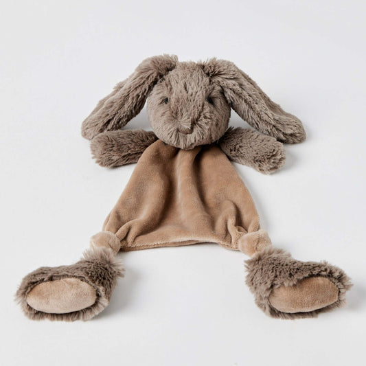 Mocha Bunny Comforter in soft, plush fabric with floppy ears and cute face, flat lay view on a neutral background.