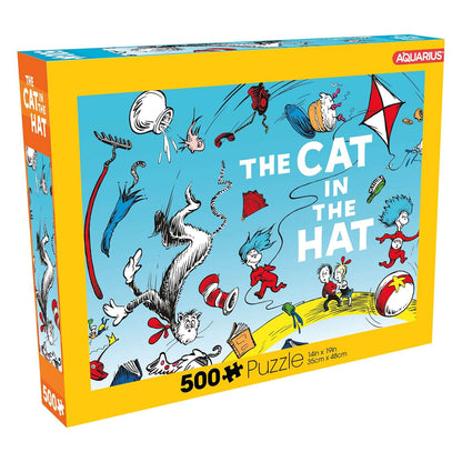Dr Seuss - The Cat in the Hat 500pc puzzle box featuring vibrant artwork and playful characters, measuring 36cm x 48cm.