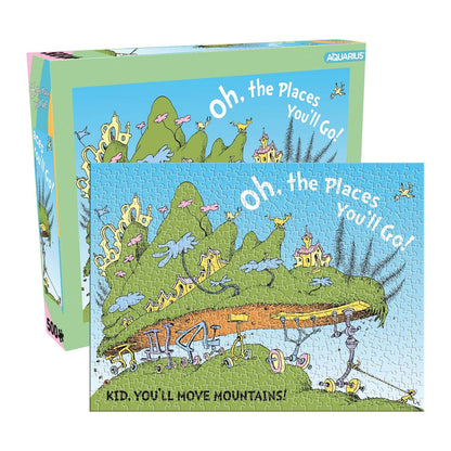 Oh, The Places You'll Go! Dr Seuss 500pc puzzle featuring whimsical illustration in bright colours, displayed with its packaging.