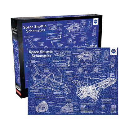 NASA- Shuttle Schematic 500pc puzzle in blue, featuring detailed engineering drawings and a close-up of the packaging.