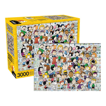 Peanuts® Cast 3000pc Puzzle featuring colourful cartoon characters with vivid details, shown in box packaging and completed layout.