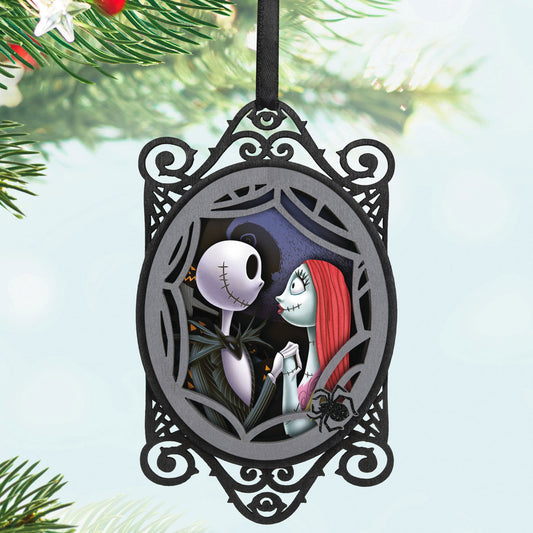 Disney Tim Burton's The Nightmare Before Christmas, Jack and Sally Papercraft — Hallmark Keepsake Christmas Ornament with intricate black frame and glittery spider detail.
