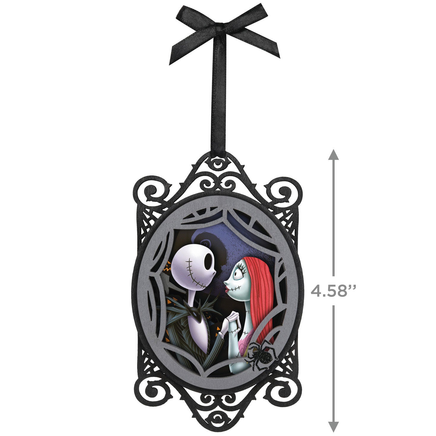 Disney Tim Burton's The Nightmare Before Christmas, Jack and Sally Papercraft — Hallmark Keepsake Christmas Ornament, angled view with intricate black frame and ribbon bow.