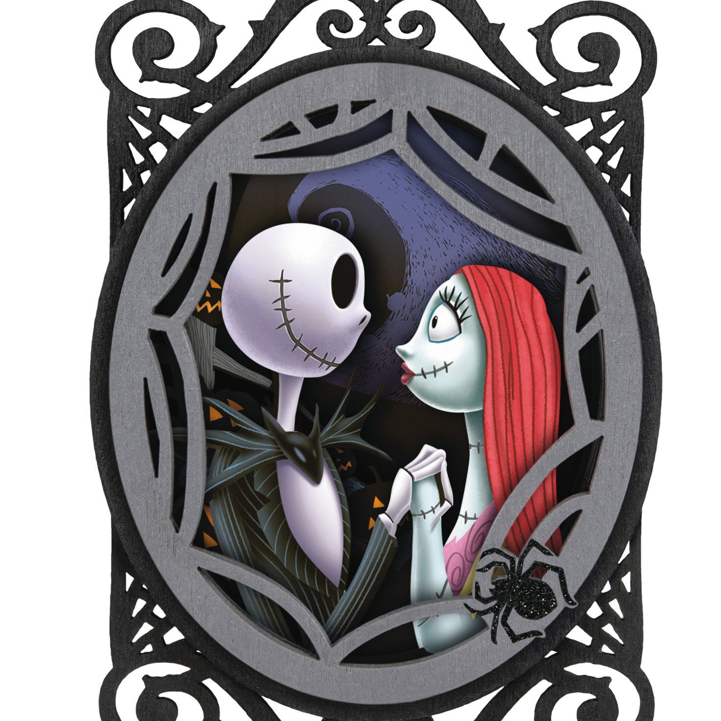 Disney Tim Burton's The Nightmare Before Christmas, Jack and Sally Papercraft — Hallmark Keepsake Christmas Ornament, intricate design of Jack and Sally inside a decorative frame