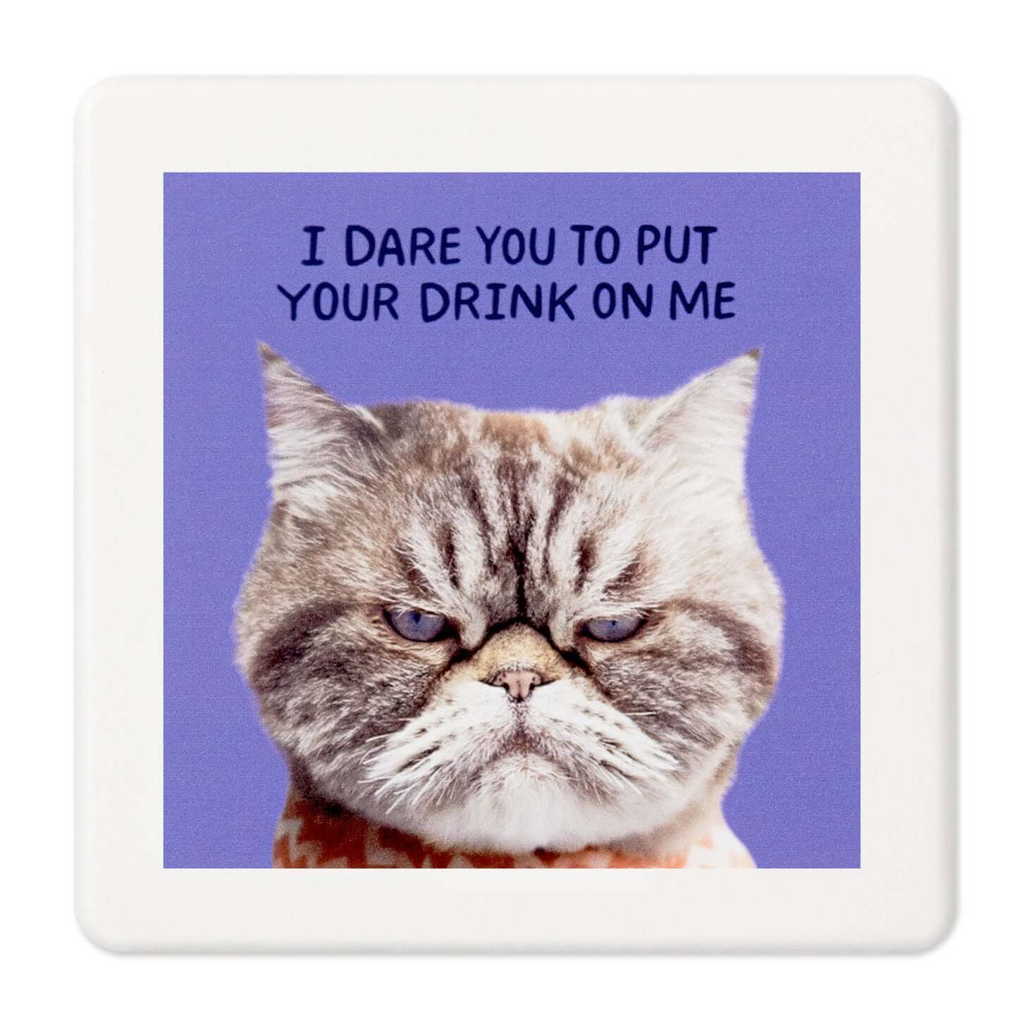 Grumpy Kevin the Cat Photo Funny Coaster, cork material, featuring a grumpy grey tabby cat against a purple background.