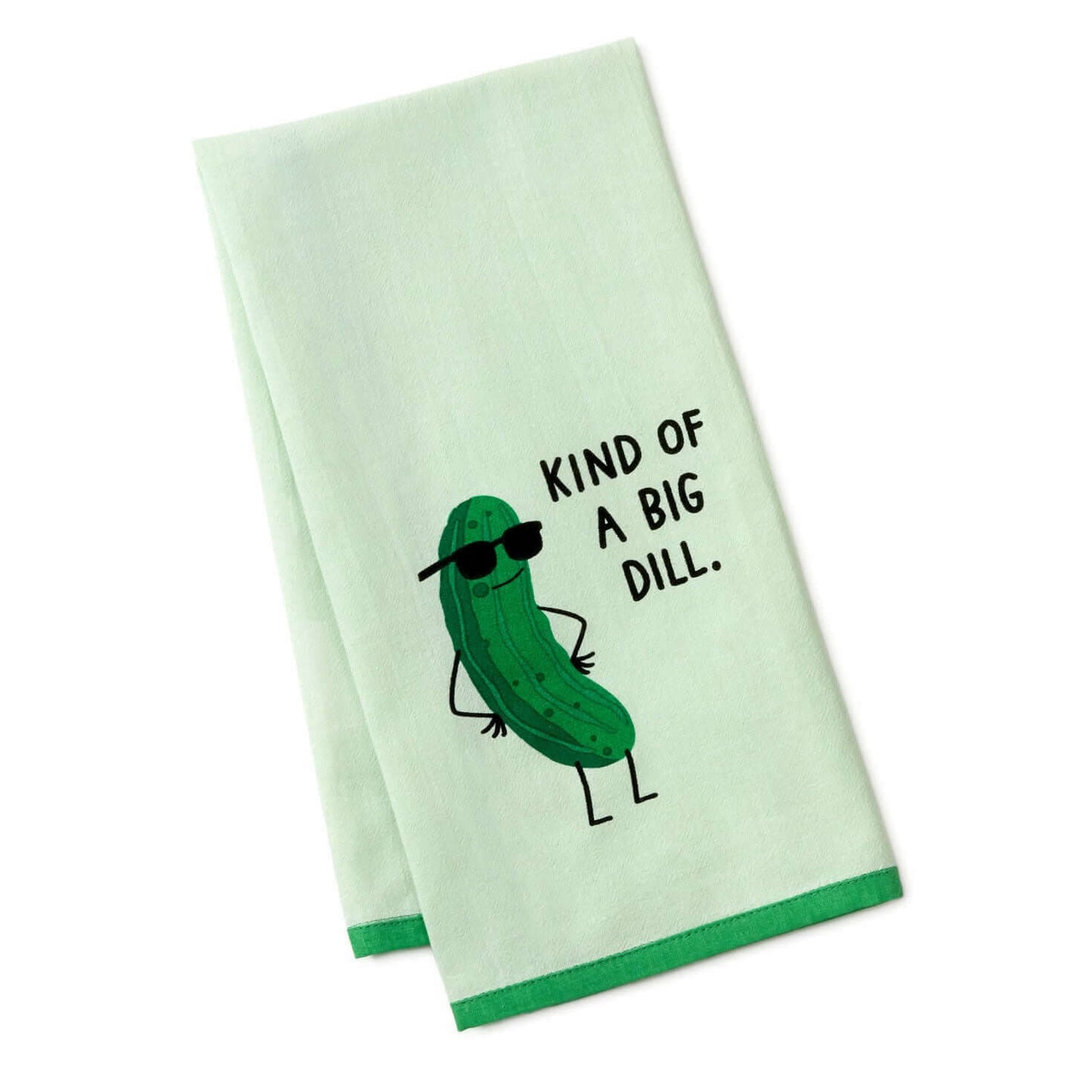 Kind of a Big Dill Funny Tea Towel, 18x26 in light green cotton featuring a dill pickle with sunglasses and humorous text.