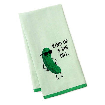 Kind of a Big Dill Funny Tea Towel, 18x26 in light green cotton featuring a dill pickle with sunglasses and humorous text.