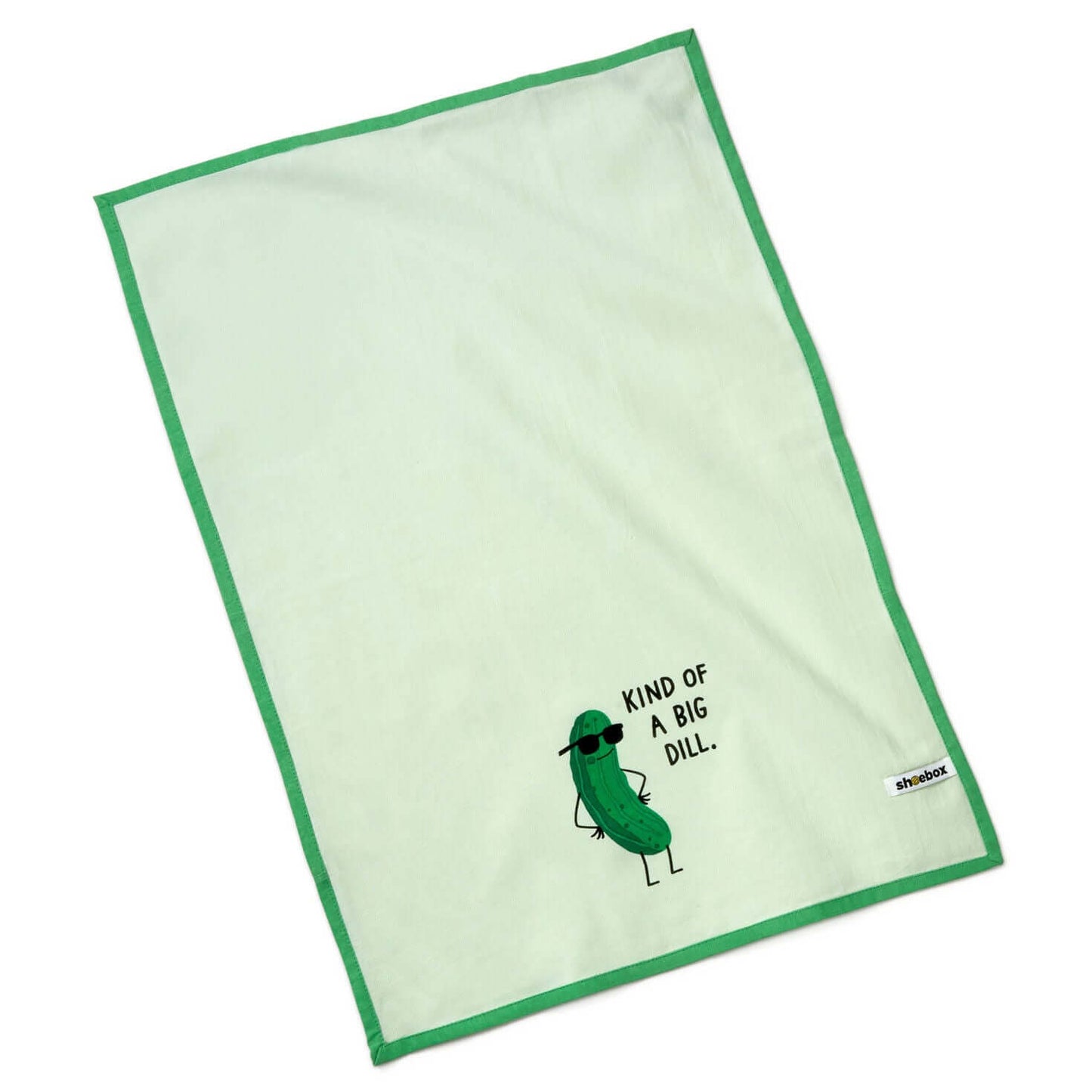 Kind of a Big Dill Funny Tea Towel, 46x66 cm, cotton material with green trim and printed dill pickle design.