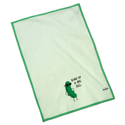 Kind of a Big Dill Funny Tea Towel, 46x66 cm, cotton material with green trim and printed dill pickle design.