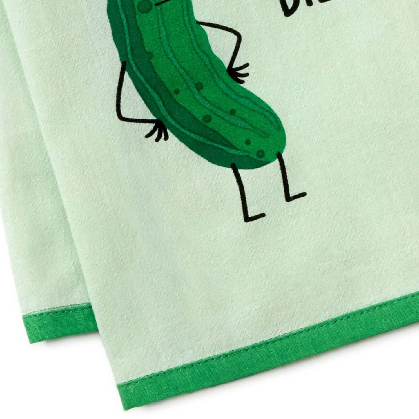 Kind of a Big Dill Funny Tea Towel, 18x26, cotton, featuring a quirky dill pickle illustration with puns on a green background.