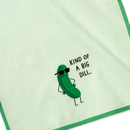 Kind of a Big Dill Funny Tea Towel, 18x26, cotton material with screen-printed pickle graphic and text design on light green background.