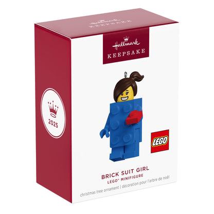 LEGO® Minifigure, Brick Suit Girl — 2025 Hallmark Keepsake Christmas Ornament displayed in original packaging with vibrant colours.