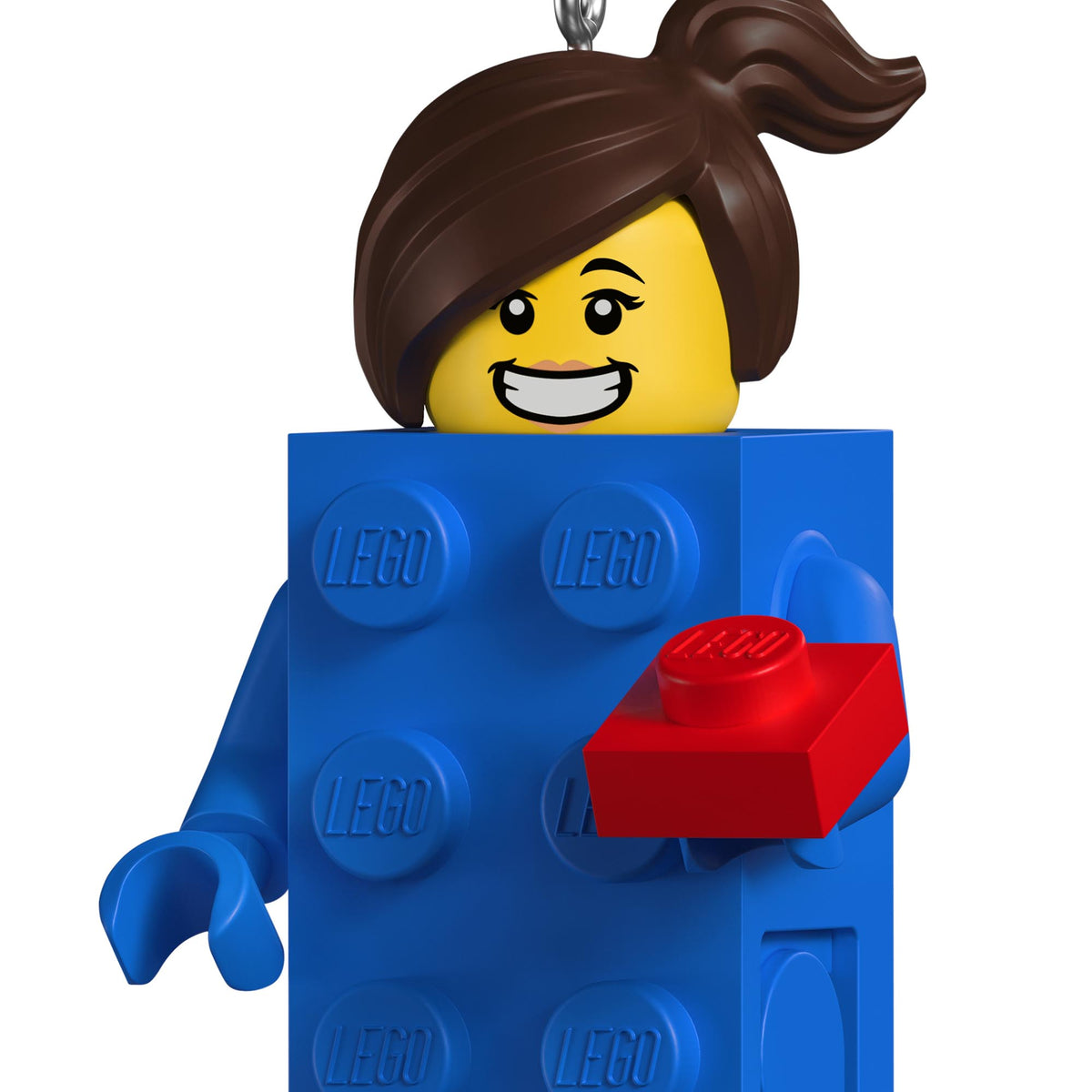 LEGO® Minifigure, Brick Suit Girl — 2025 Hallmark Keepsake Christmas Ornament in blue with a red brick detail, front view.