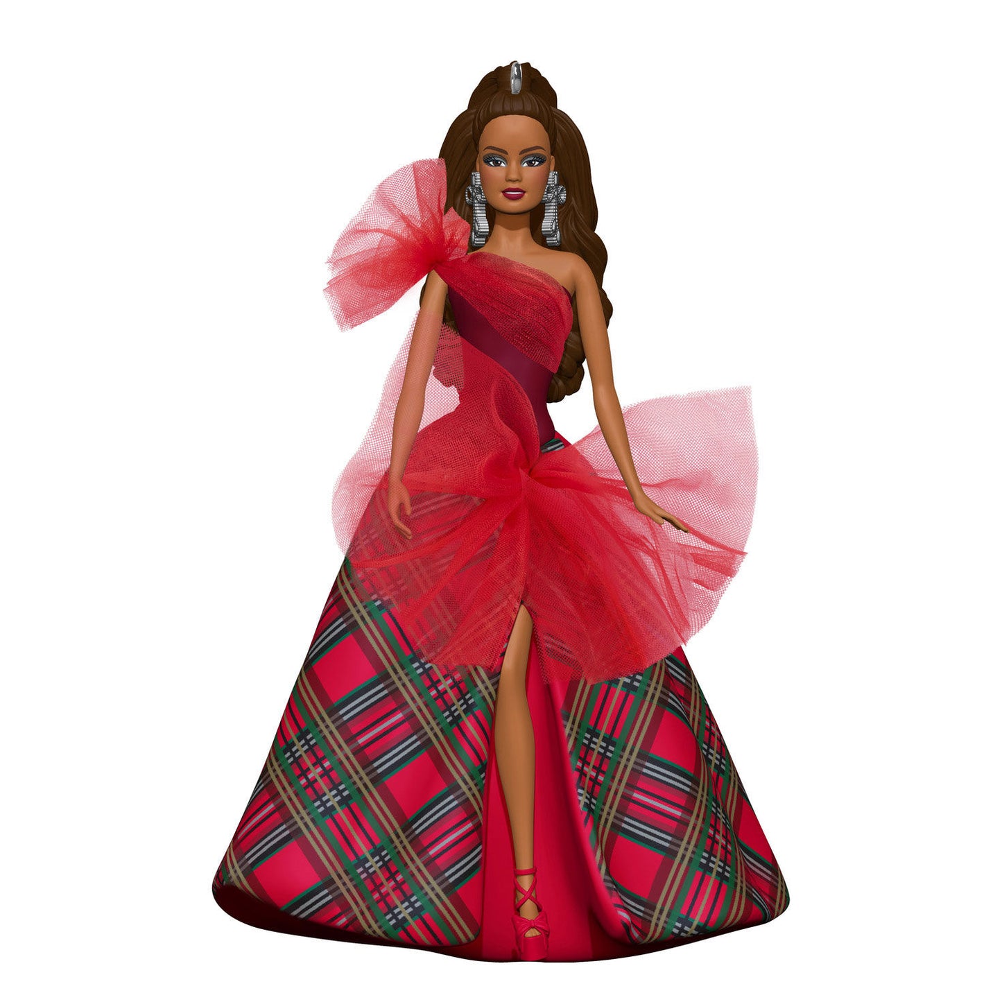 Latina Holiday Barbie™ Hallmark — Hallmark Keepsake Christmas Ornament featuring elegant red tulle dress and plaid accents.