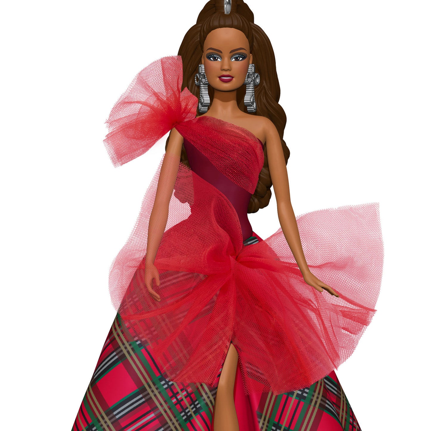Latina Holiday Barbie™ Hallmark — Hallmark Keepsake Christmas Ornament featuring a doll in a striking red dress with tulle details and a plaid skirt.