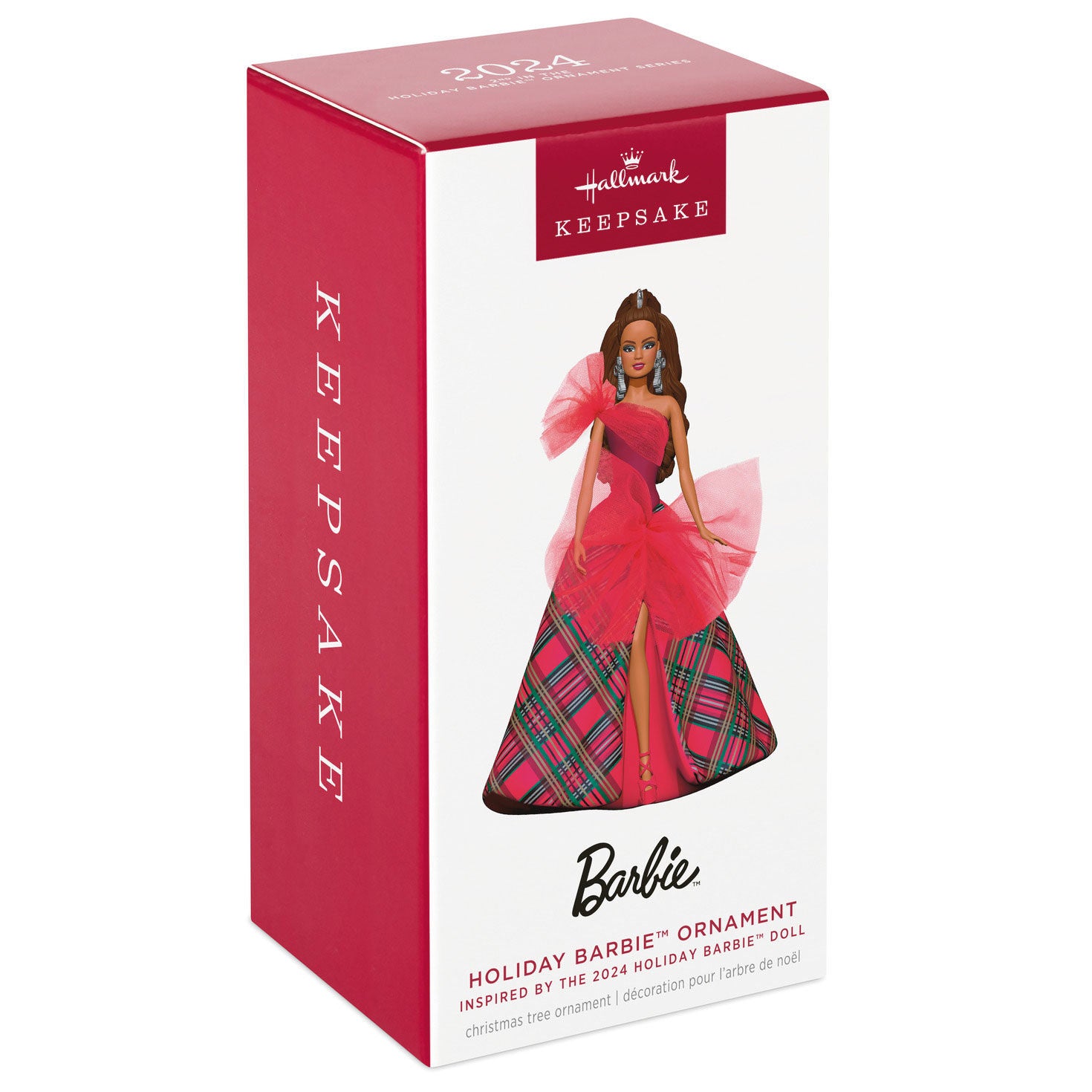 Latina Holiday Barbie™ Hallmark — Hallmark Keepsake Christmas Ornament in festive packaging with vibrant pink gown details.