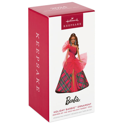 Latina Holiday Barbie™ Hallmark — Hallmark Keepsake Christmas Ornament in festive packaging with vibrant pink gown details.