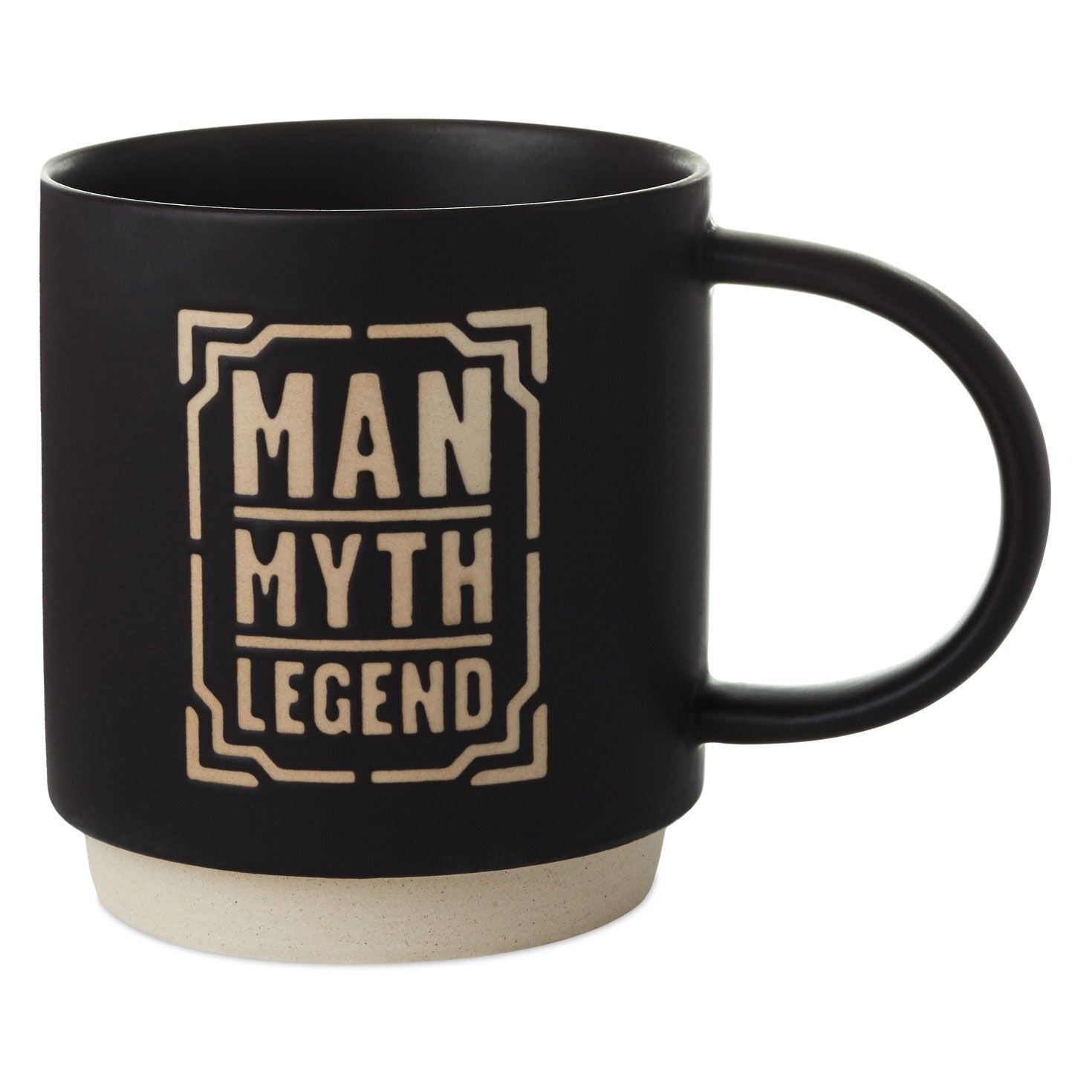 Man Myth Legend Mug, 16 oz., black ceramic, features debossed lettering and unglazed recessed base, angled view.