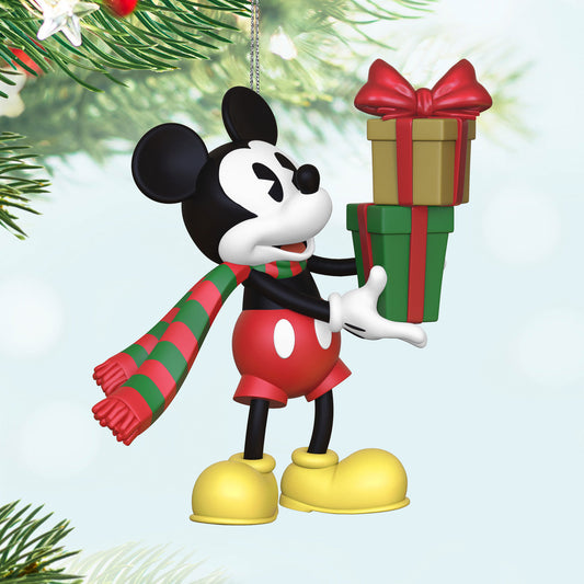 Disney Mickey Mouse, Mickey's Special Delivery (Miniature) — Hallmark Keepsake Christmas Ornament holding wrapped gifts in festive colours.