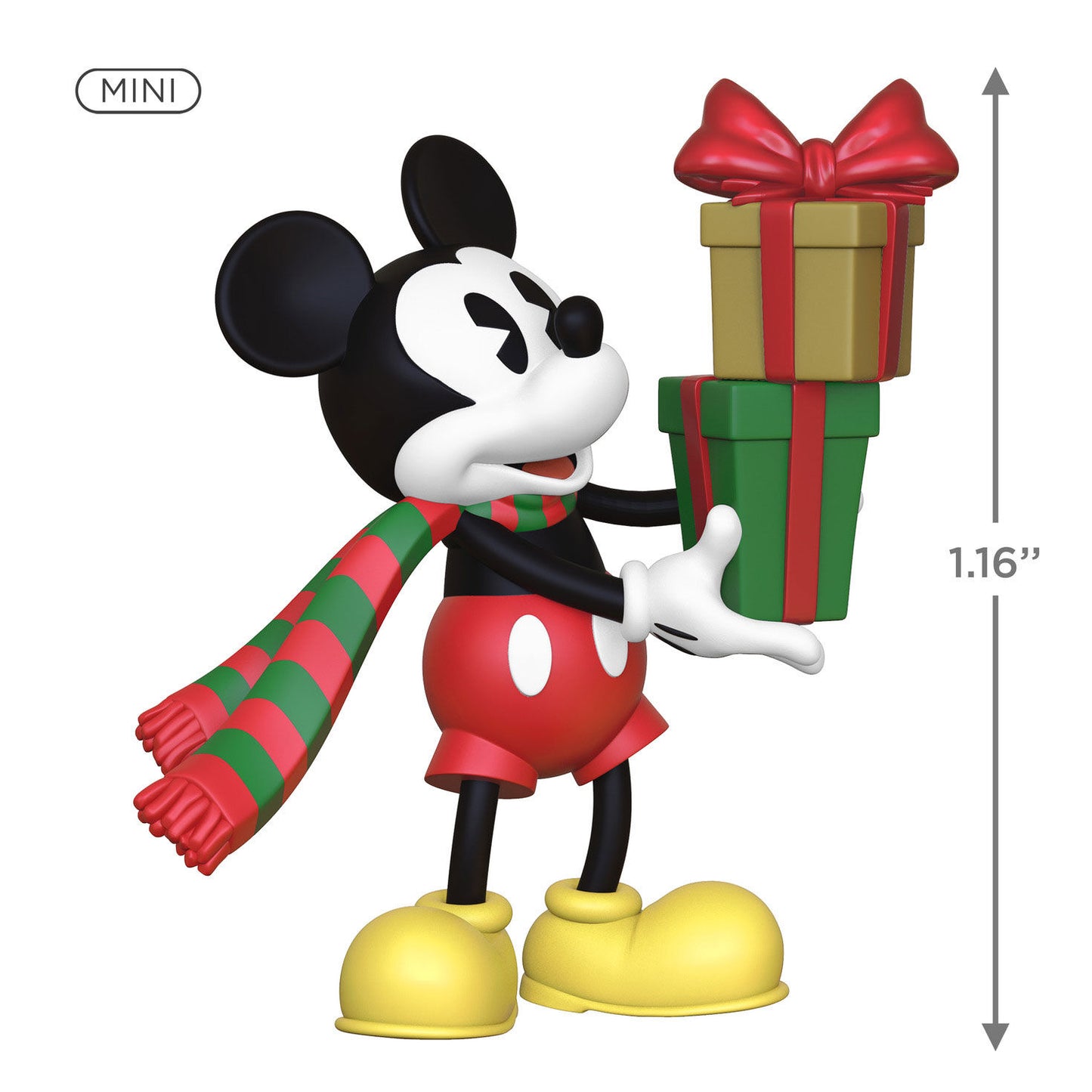 Disney Mickey Mouse, Mickey's Special Delivery (Miniature) — Hallmark Keepsake Christmas Ornament holding gift boxes, colourful scarf, 1.16 inches tall