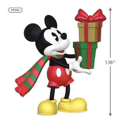Disney Mickey Mouse, Mickey's Special Delivery (Miniature) — Hallmark Keepsake Christmas Ornament holding gift boxes, colourful scarf, 1.16 inches tall