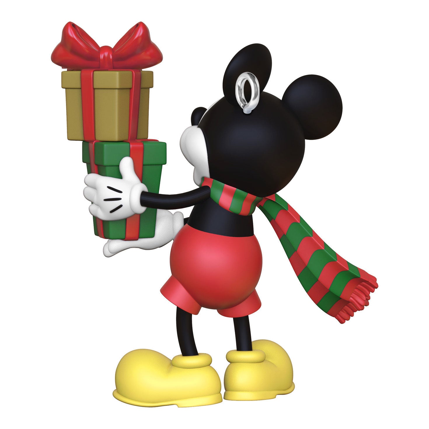 Disney Mickey Mouse, Mickey's Special Delivery (Miniature) — Hallmark Keepsake Christmas Ornament, holding wrapped gifts with festive scarf, side view
